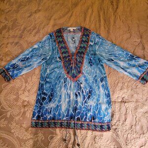 Turquoise Watercolor Tunic with Crystal Embellishments